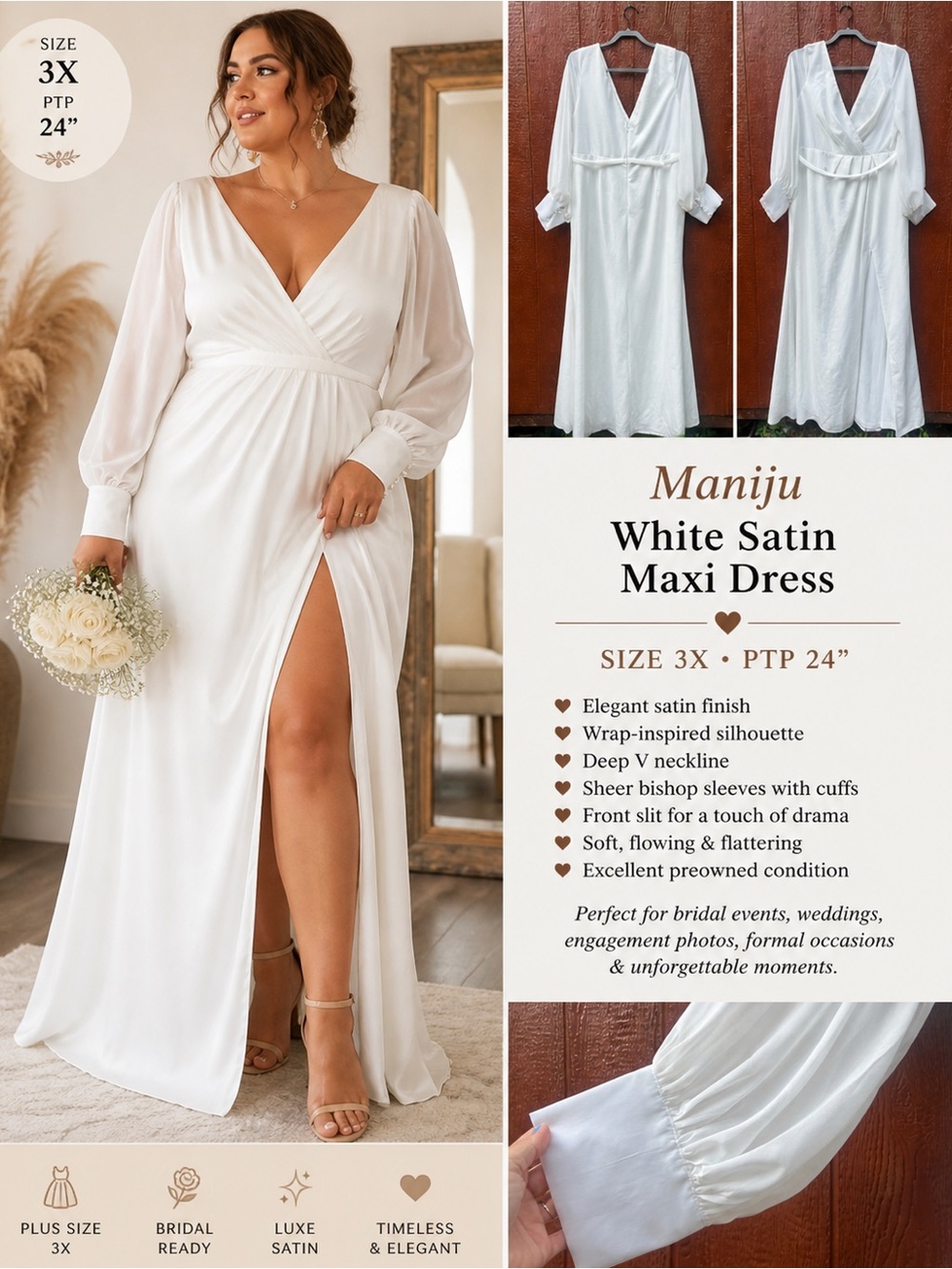 Maniju White Satin Maxi Dress 3X Plus Size Bridal Formal Slit Dress